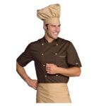 Chaquetilla cocinero cacao en manga corta con detalles en color bizcocho