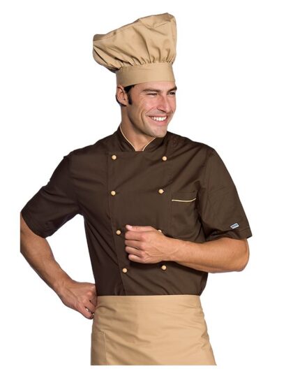 Chaquetilla cocinero cacao en manga corta con detalles en color bizcocho