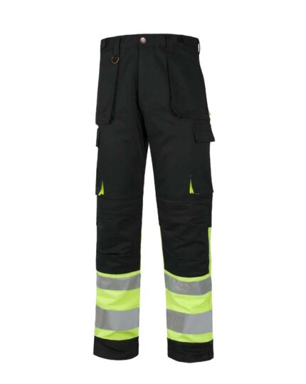 pantalón alta visibilidad negro amarillo reflectante de trabajo