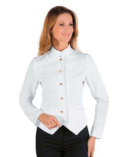 Chaqueta camarera blanca cuello Mao de mujer uniformes hostelería Isacco