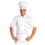 Chaquetilla cocinero Italia blanca con ribetes verde y rojo en manga corta