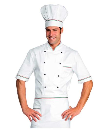 Chaquetilla cocinero Italia blanca con ribetes verde y rojo en manga corta