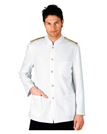 Chaqueta camarero blanca cuello Mao con galones