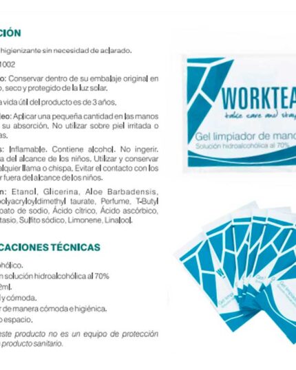 Sobre de gel hidroalcohólico, 70% alcohol.