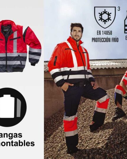 Cazadora piloto acolchada impermeable mangas desmontables reflectante alta visibilidad rojo azul