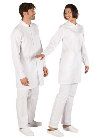 Bata sanitaria cuello mao Blanca Manga Larga Puños Cerrado Botones a Presión